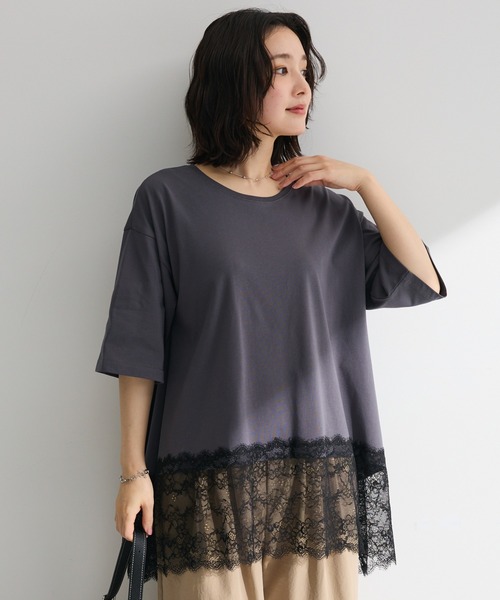 Green Parks(グリーンパークス)の「裾イレヘムレースプルオーバー(Tシャツ/カットソー・レディース・チャコールグレー/オフホワイト/ブラック・FREE)」の2枚目の写真