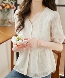 Vネックブラウス シフォン フレア裾 半袖