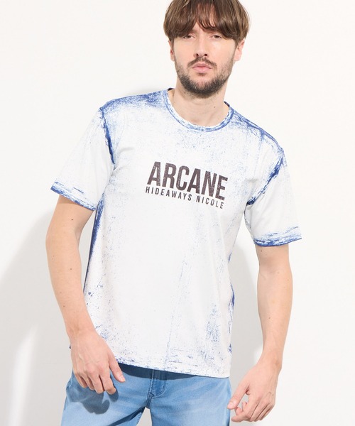 HIDEAWAYS NICOLE(ハイダウェイニコル)の「ハケメ×ロゴ柄半袖Tシャツ(Tシャツ/カットソー・メンズ・ブラック/ホワイト×ネイビー/ネイビー/ホワイト・MEDIUM/LARGE/X-LARGE)」の8枚目の写真