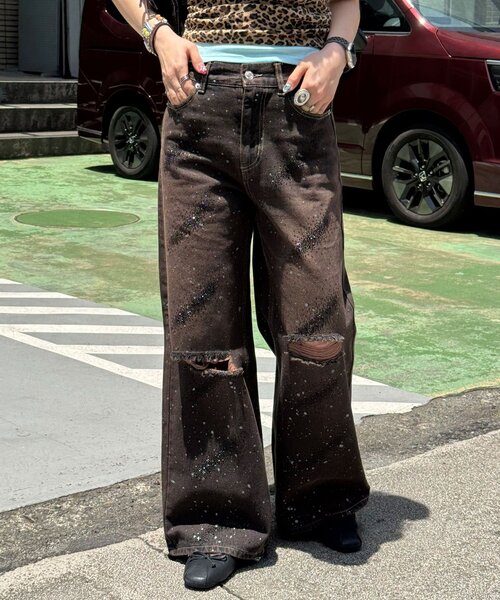 CIAOPANIC(チャオパニック)の「ダメージラインストーンワイドストレートデニム(デニムパンツ・レディース・ブラック/ブルー/ブラウン・MEDIUM/SMALL/X-SMALL)」の13枚目の写真