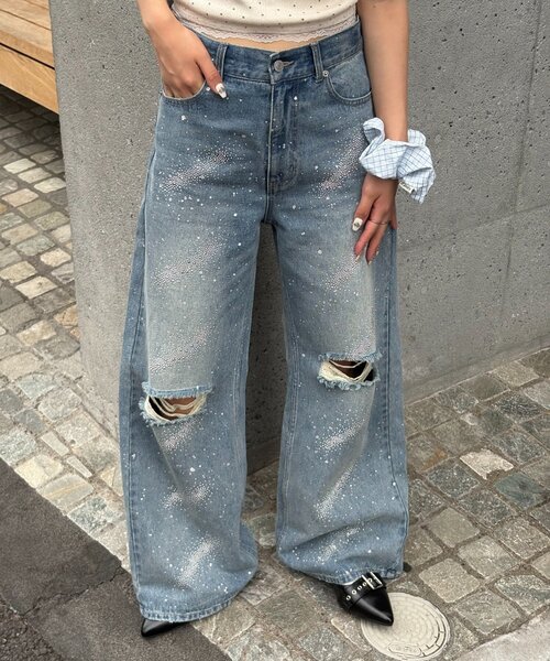 CIAOPANIC(チャオパニック)の「ダメージラインストーンワイドストレートデニム(デニムパンツ・レディース・ブラック/ブルー/ブラウン・MEDIUM/SMALL/X-SMALL)」の20枚目の写真