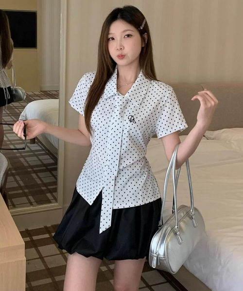 Alvia（アルビア）の「韓国風 ドット柄バックリボン半袖ブラウス（シャツ/ブラウス・レディース・ホワイト・M）」の10枚目の写真