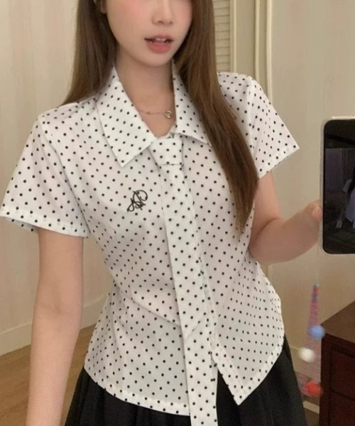 Alvia（アルビア）の「韓国風 ドット柄バックリボン半袖ブラウス（シャツ/ブラウス・レディース・ホワイト・M）」の5枚目の写真