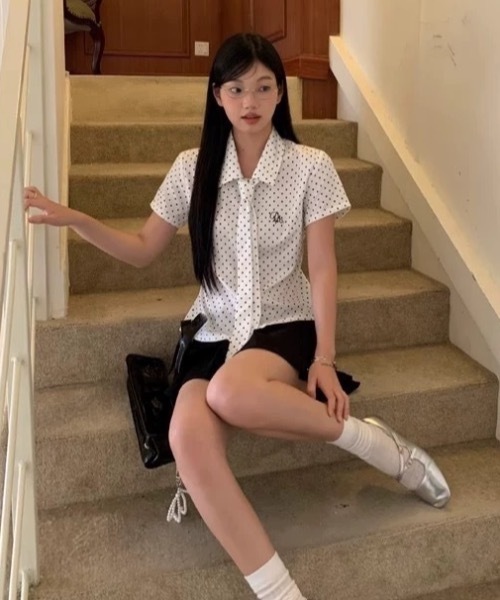 Alvia（アルビア）の「韓国風 ドット柄バックリボン半袖ブラウス（シャツ/ブラウス・レディース・ホワイト・M）」の16枚目の写真
