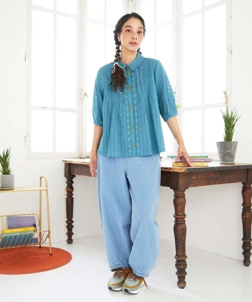 Jocomomola(ホコモモラ)の「Una escalera de colores 襟付きブラウス(シャツ/ブラウス・レディース・アイボリー/ブルー・40)」の4枚目の写真