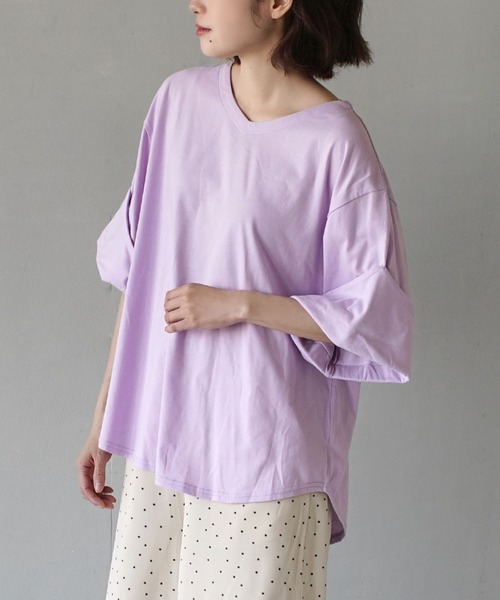 zootie(ズーティー)の「URBAN PLUS ロールアップスリーブ Tシャツ(Tシャツ/カットソー・レディース・グレイッシュブルー/ネイビー/ブラック/テラコッタ/ダークグリーン/ラベンダー/ブラウン系その他/アイボリー/ライトベージュ/スモークピンク/グレイッシュベージュ/オフホワイト/ライトブルー/チャコール・フリー)」の14枚目の写真