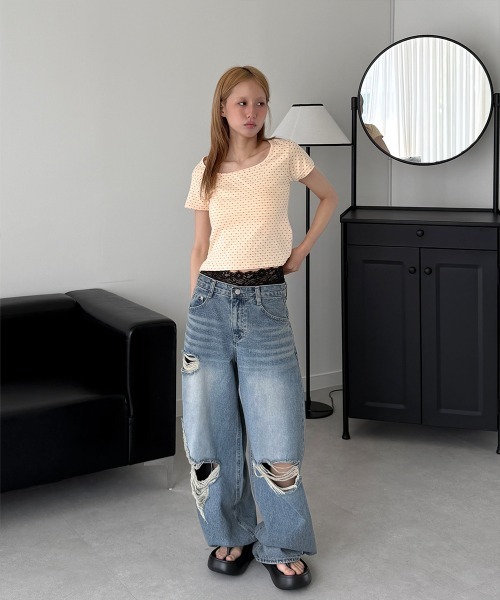 4INT.(フォイント)の「配色 ドット セミクロップド 半袖 Tシャツ(Tシャツ/カットソー・レディース・カーキ/クリーム・FREE)」の15枚目の写真