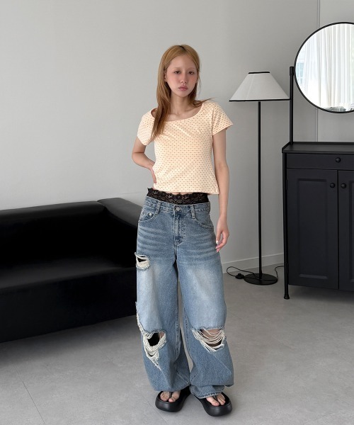 4INT.(フォイント)の「配色 ドット セミクロップド 半袖 Tシャツ(Tシャツ/カットソー・レディース・カーキ/クリーム・FREE)」の17枚目の写真