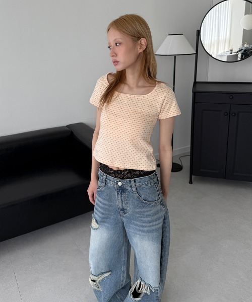 4INT.(フォイント)の「配色 ドット セミクロップド 半袖 Tシャツ(Tシャツ/カットソー・レディース・カーキ/クリーム・FREE)」の19枚目の写真