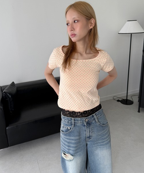4INT.(フォイント)の「配色 ドット セミクロップド 半袖 Tシャツ(Tシャツ/カットソー・レディース・カーキ/クリーム・FREE)」の21枚目の写真