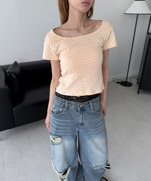 4INT.(フォイント)の「配色 ドット セミクロップド 半袖 Tシャツ(Tシャツ/カットソー・レディース・カーキ/クリーム・FREE)」の22枚目の写真