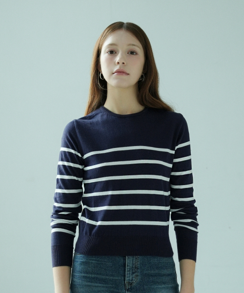 VLETI（ブレッティ）の「Cotton Round Stripe Knit (Navy)（ニット/セーター・レディース・ネイビー・FREE）」の2枚目の写真