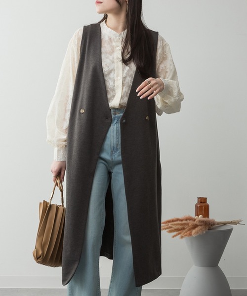 ElegChic（エレグシック）の「ミニ裏毛ノーカラーリラックスロングベスト（ベスト・レディース・ブラック/チャコールグレー/ライトベージュ/杢グレー・M/4L/XL）」の3枚目の写真