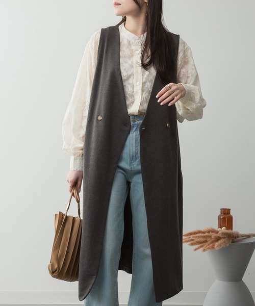 ElegChic（エレグシック）の「ミニ裏毛ノーカラーリラックスロングベスト（ベスト・レディース・ブラック/チャコールグレー/ライトベージュ/杢グレー・M/4L/XL）」の7枚目の写真