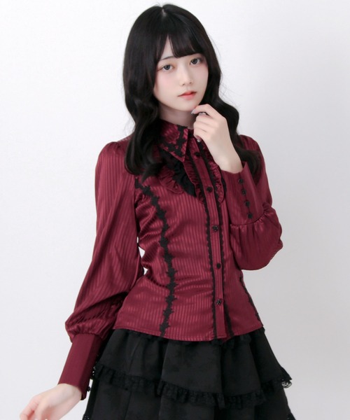 DearMyLove(ディアマイラブ)の「ゴシック風バラレースフリルストライプブラウス(シャツ/ブラウス・レディース・パープル/ブラック/ボルドー・MEDIUM/3L/LARGE)」の3枚目の写真