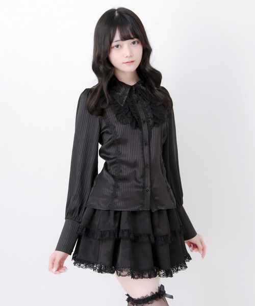 DearMyLove(ディアマイラブ)の「ゴシック風バラレースフリルストライプブラウス(シャツ/ブラウス・レディース・パープル/ブラック/ボルドー・MEDIUM/3L/LARGE)」の4枚目の写真