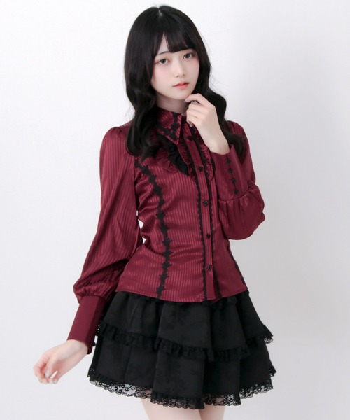 DearMyLove(ディアマイラブ)の「ゴシック風バラレースフリルストライプブラウス(シャツ/ブラウス・レディース・パープル/ブラック/ボルドー・MEDIUM/3L/LARGE)」の12枚目の写真