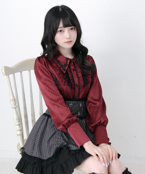 DearMyLove(ディアマイラブ)の「ゴシック風バラレースフリルストライプブラウス(シャツ/ブラウス・レディース・パープル/ブラック/ボルドー・MEDIUM/3L/LARGE)」の14枚目の写真