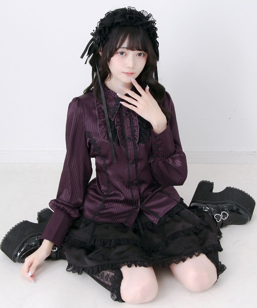 DearMyLove(ディアマイラブ)の「ゴシック風バラレースフリルストライプブラウス(シャツ/ブラウス・レディース・パープル/ブラック/ボルドー・MEDIUM/3L/LARGE)」の16枚目の写真