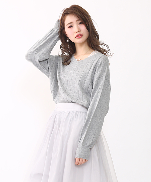 one after another NICE CLAUP（ワンアフターアナザーナイスクラップ）の「【ナイスクラップ】アイレットリブＶネックニット（ニット/セーター・レディース・アイボリー/ピンク/ライトグレー/グレー・FREE）」の3枚目の写真