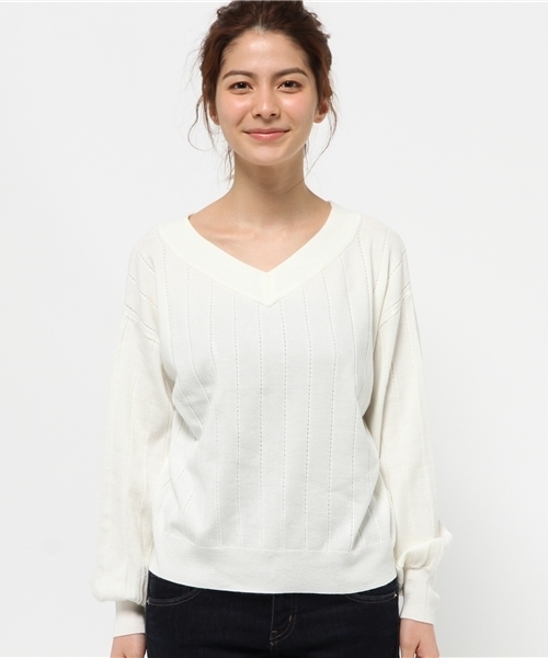 one after another NICE CLAUP（ワンアフターアナザーナイスクラップ）の「【ナイスクラップ】アイレットリブＶネックニット（ニット/セーター・レディース・アイボリー/ピンク/ライトグレー/グレー・FREE）」の10枚目の写真