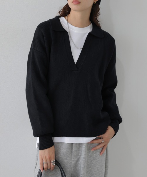La-gemme(ラジェム)の「スキッパーネックニット/プルオーバー/ゆったりシルエット(その他トップス・レディース・ブラック/ベージュ/グレー/モカ・フリー)」の2枚目の写真