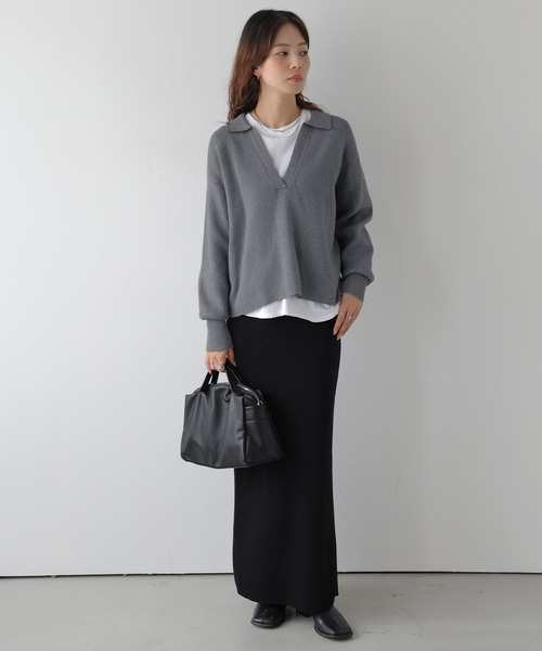 La-gemme(ラジェム)の「スキッパーネックニット/プルオーバー/ゆったりシルエット(その他トップス・レディース・ブラック/ベージュ/グレー/モカ・フリー)」の21枚目の写真