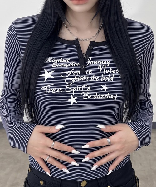 non-hedge(ノンヘッジ)の「スターロゴボーダーヘンリーロンT(Tシャツ/カットソー・レディース・オフホワイト/ネイビー/チャコールグレー・FREE)」の3枚目の写真