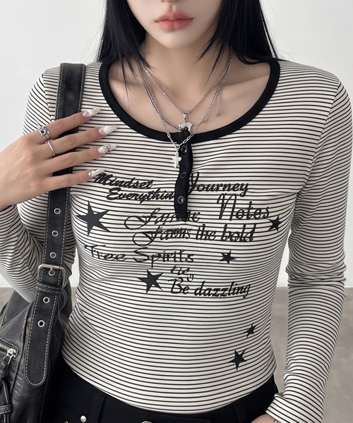 non-hedge(ノンヘッジ)の「スターロゴボーダーヘンリーロンT(Tシャツ/カットソー・レディース・オフホワイト/ネイビー/チャコールグレー・FREE)」の1枚目の写真