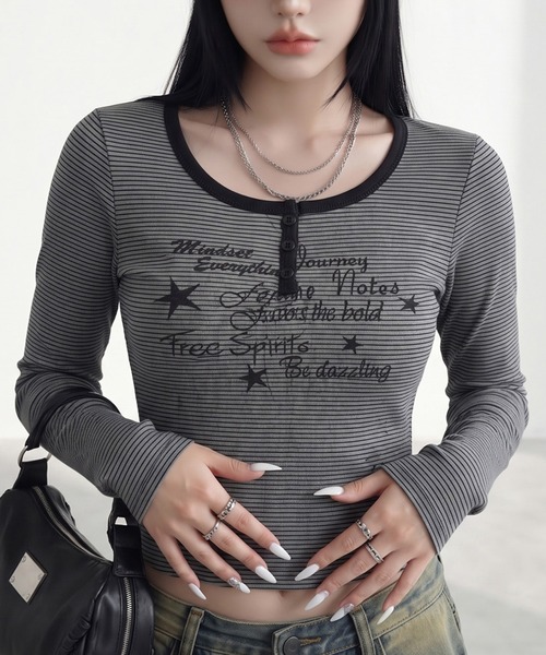 non-hedge(ノンヘッジ)の「スターロゴボーダーヘンリーロンT(Tシャツ/カットソー・レディース・オフホワイト/ネイビー/チャコールグレー・FREE)」の2枚目の写真