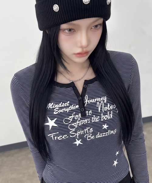non-hedge(ノンヘッジ)の「スターロゴボーダーヘンリーロンT(Tシャツ/カットソー・レディース・オフホワイト/ネイビー/チャコールグレー・FREE)」の5枚目の写真