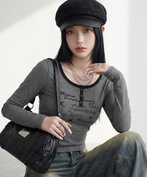 non-hedge(ノンヘッジ)の「スターロゴボーダーヘンリーロンT(Tシャツ/カットソー・レディース・オフホワイト/ネイビー/チャコールグレー・FREE)」の10枚目の写真
