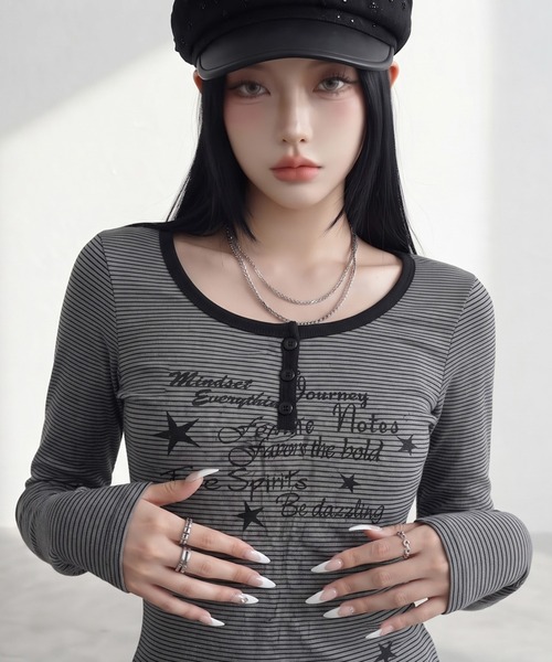 non-hedge(ノンヘッジ)の「スターロゴボーダーヘンリーロンT(Tシャツ/カットソー・レディース・オフホワイト/ネイビー/チャコールグレー・FREE)」の9枚目の写真