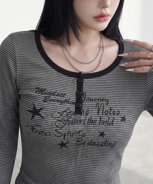 non-hedge(ノンヘッジ)の「スターロゴボーダーヘンリーロンT(Tシャツ/カットソー・レディース・オフホワイト/ネイビー/チャコールグレー・FREE)」の11枚目の写真
