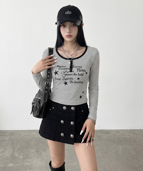 non-hedge(ノンヘッジ)の「スターロゴボーダーヘンリーロンT(Tシャツ/カットソー・レディース・オフホワイト/ネイビー/チャコールグレー・FREE)」の16枚目の写真