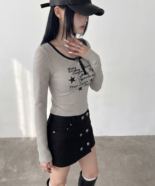 non-hedge(ノンヘッジ)の「スターロゴボーダーヘンリーロンT(Tシャツ/カットソー・レディース・オフホワイト/ネイビー/チャコールグレー・FREE)」の15枚目の写真