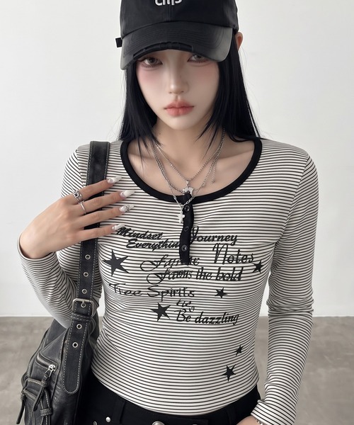 non-hedge(ノンヘッジ)の「スターロゴボーダーヘンリーロンT(Tシャツ/カットソー・レディース・オフホワイト/ネイビー/チャコールグレー・FREE)」の14枚目の写真