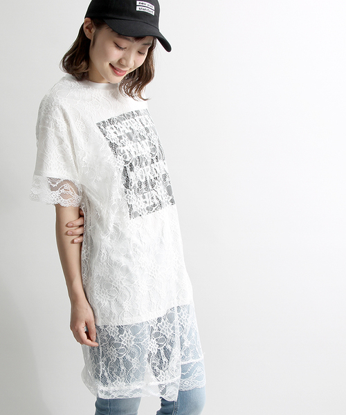 WEGO(ウィゴー)の「WEGO/レースレイヤードロングTシャツ(Tシャツ/カットソー・レディース・オレンジ/ブラック/ホワイト・FREE)」の3枚目の写真