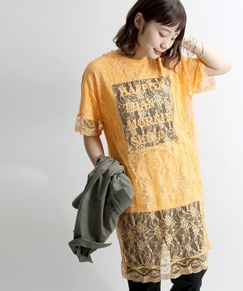 WEGO(ウィゴー)の「WEGO/レースレイヤードロングTシャツ(Tシャツ/カットソー・レディース・オレンジ/ブラック/ホワイト・FREE)」の2枚目の写真