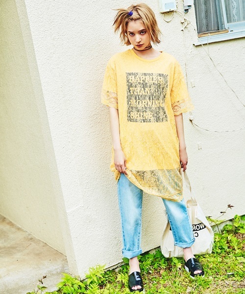 WEGO(ウィゴー)の「WEGO/レースレイヤードロングTシャツ(Tシャツ/カットソー・レディース・オレンジ/ブラック/ホワイト・FREE)」の12枚目の写真