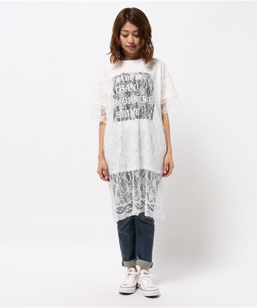 WEGO(ウィゴー)の「WEGO/レースレイヤードロングTシャツ(Tシャツ/カットソー・レディース・オレンジ/ブラック/ホワイト・FREE)」の4枚目の写真