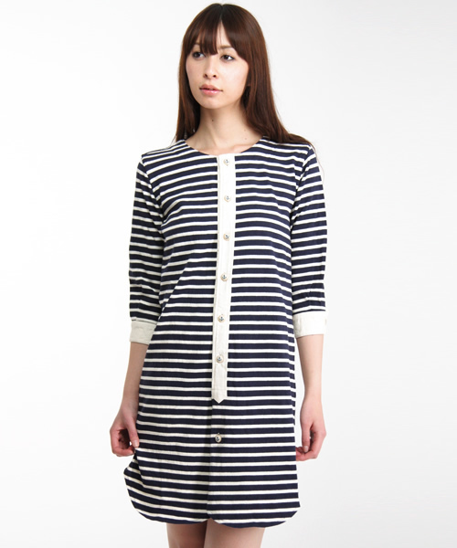 BEAMS BOY（ビームスボーイ）の「BEAMS BOY / クルーボーダー 7分袖ワンピース  （ワンピース・レディース・ナチュラル/ブラウン/ネイビー・ONE SIZE）」の3枚目の写真