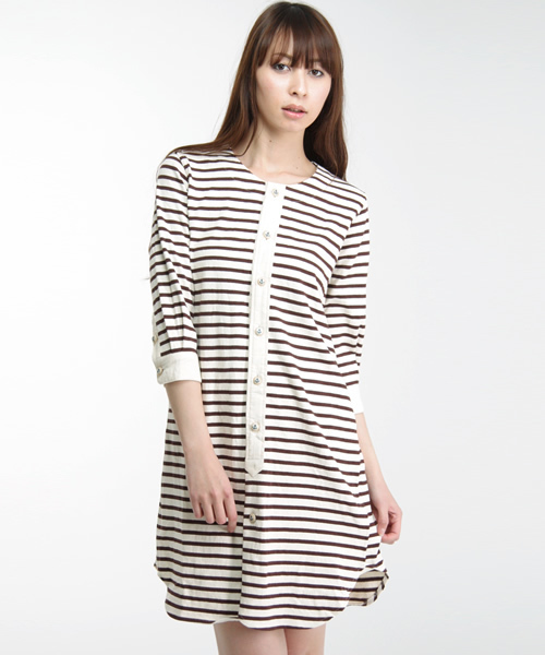 BEAMS BOY（ビームスボーイ）の「BEAMS BOY / クルーボーダー 7分袖ワンピース  （ワンピース・レディース・ナチュラル/ブラウン/ネイビー・ONE SIZE）」の2枚目の写真