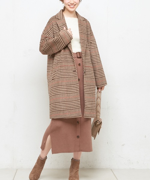 natural couture（ナチュラルクチュール）の「ウールチェック柄ロングチェスター（チェスターコート・レディース・ブラック/ブラウン・FREE）」の2枚目の写真