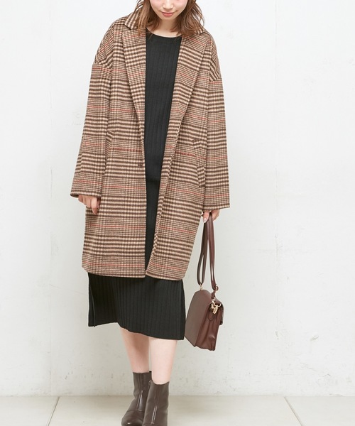 natural couture（ナチュラルクチュール）の「ウールチェック柄ロングチェスター（チェスターコート・レディース・ブラック/ブラウン・FREE）」の4枚目の写真