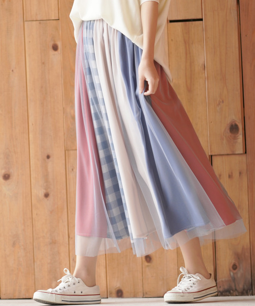 rps（アールピーエス）の「チュール×パッチワークフレアースカート（スカート・レディース・ネイビー/ブルー・M）」の2枚目の写真