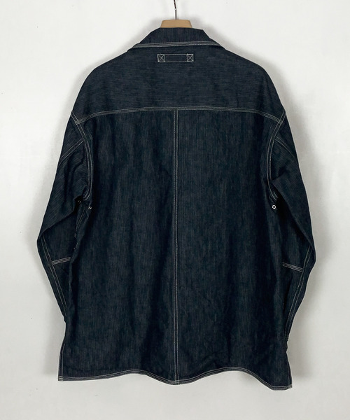 KIIT(キート)の「KIIT キート / ヘリンボーンデニムジャケット カバーオール 2WAY 配色ステッチ スタンドカラー ドロップショルダー ワイド ボックス ビッグシルエット / KIK-Y98B-003(デニムジャケット・メンズ・インディゴブルー・1/2/3)」の5枚目の写真