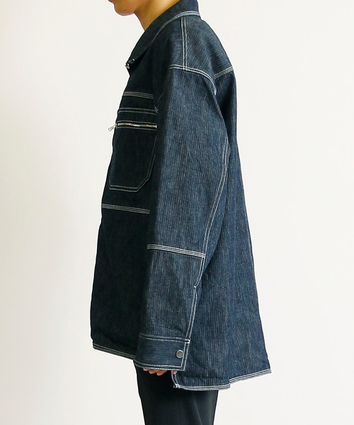 KIIT(キート)の「KIIT キート / ヘリンボーンデニムジャケット カバーオール 2WAY 配色ステッチ スタンドカラー ドロップショルダー ワイド ボックス ビッグシルエット / KIK-Y98B-003(デニムジャケット・メンズ・インディゴブルー・1/2/3)」の9枚目の写真