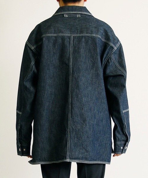 KIIT(キート)の「KIIT キート / ヘリンボーンデニムジャケット カバーオール 2WAY 配色ステッチ スタンドカラー ドロップショルダー ワイド ボックス ビッグシルエット / KIK-Y98B-003(デニムジャケット・メンズ・インディゴブルー・1/2/3)」の10枚目の写真