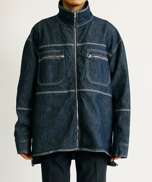 KIIT(キート)の「KIIT キート / ヘリンボーンデニムジャケット カバーオール 2WAY 配色ステッチ スタンドカラー ドロップショルダー ワイド ボックス ビッグシルエット / KIK-Y98B-003(デニムジャケット・メンズ・インディゴブルー・1/2/3)」の8枚目の写真